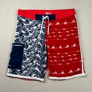 Huk Shorts Mens 38 Performance Board Fish Print Patriotic‎ Surfing 10" Linerless